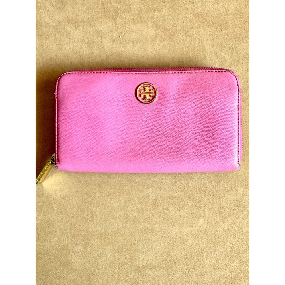 Tory Burch Robinson Zip Continental Wallet Pink Saffiano Leather Gold Logo